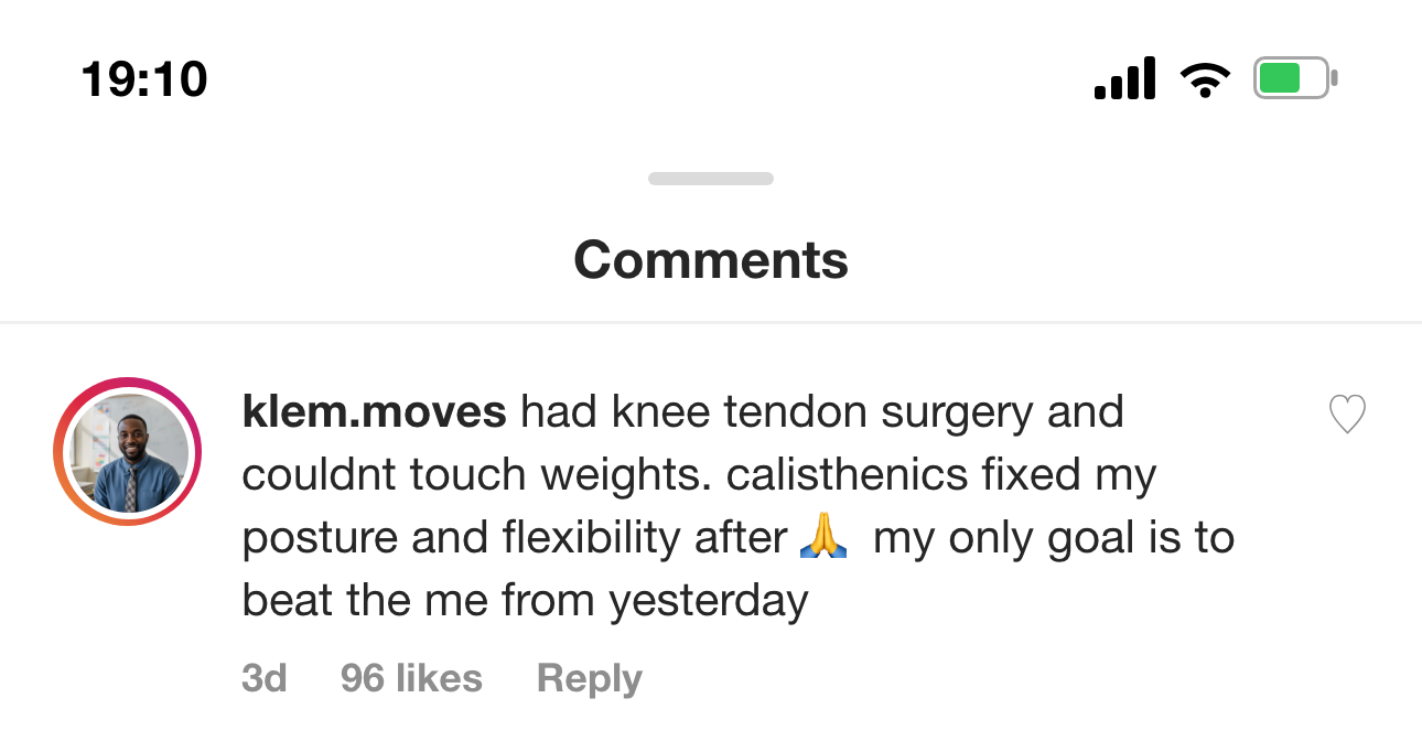 Real member comment about recovering from knee tendon surgery with calisthenics